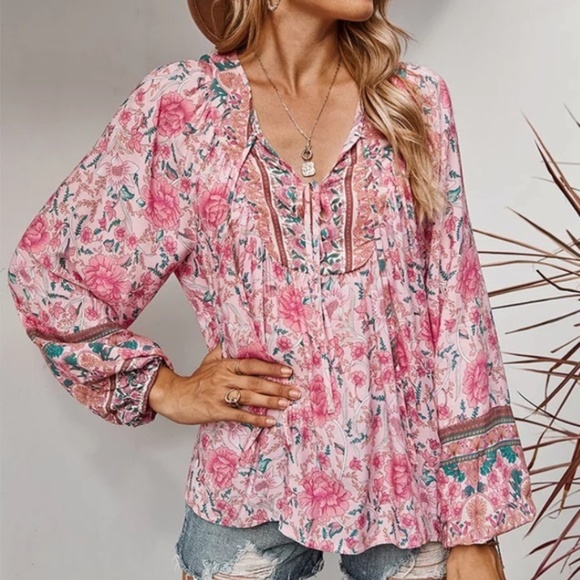 Pink Floral Bohemian Peasant Blouse - Picture 1 of 5
